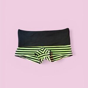 Fold-Over Waist Striped Women’s Shorts - Black & Neon Green